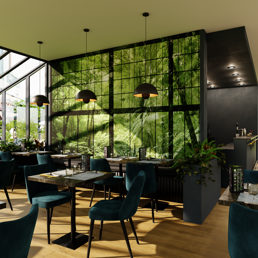 Décor de salle de restaurant, papier peint panoramique effet verrière motif jungle tropicale