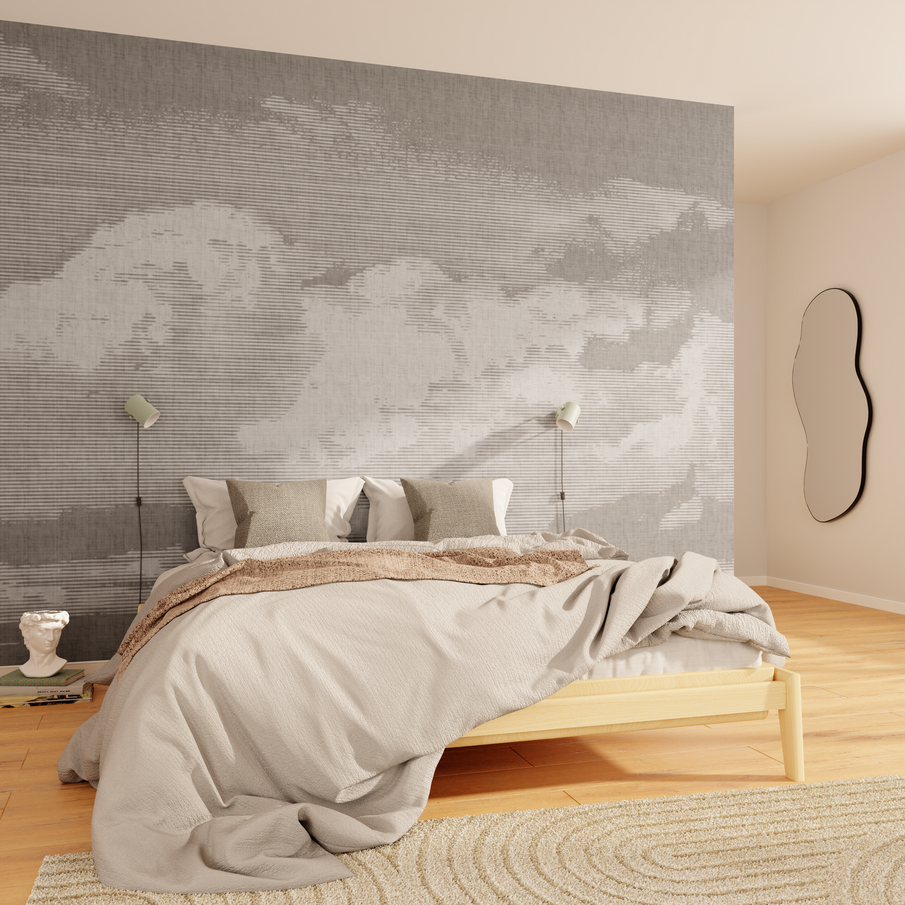 Décor chambre aux tons gris avec papier peint gris avec motif nuages 