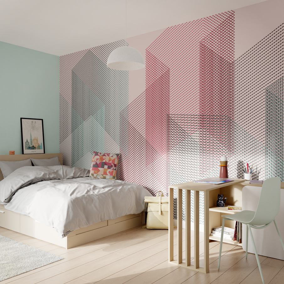 Chambre d'adolescent dans les tons bleu ciel et rose pastel avec bureau