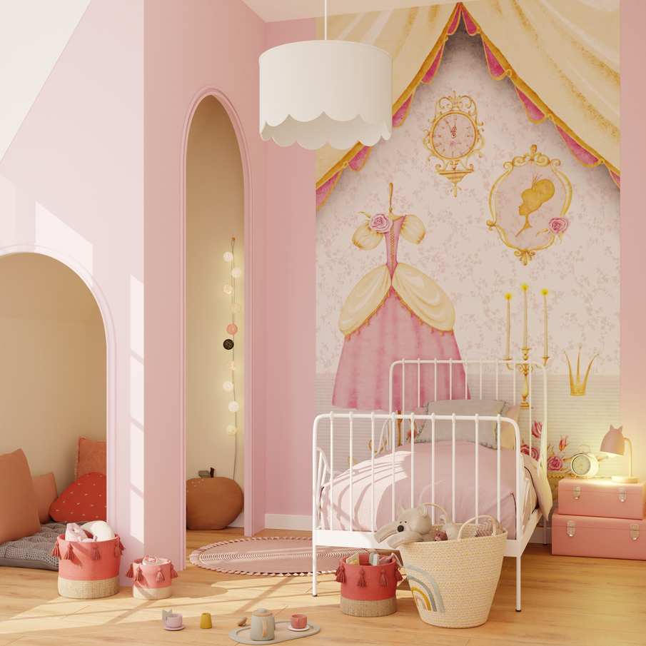 Papier peint avec robe de princesse rose dans chambre d'enfant rose