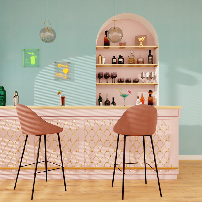 Ambiance bar style Miami couleurs pastel