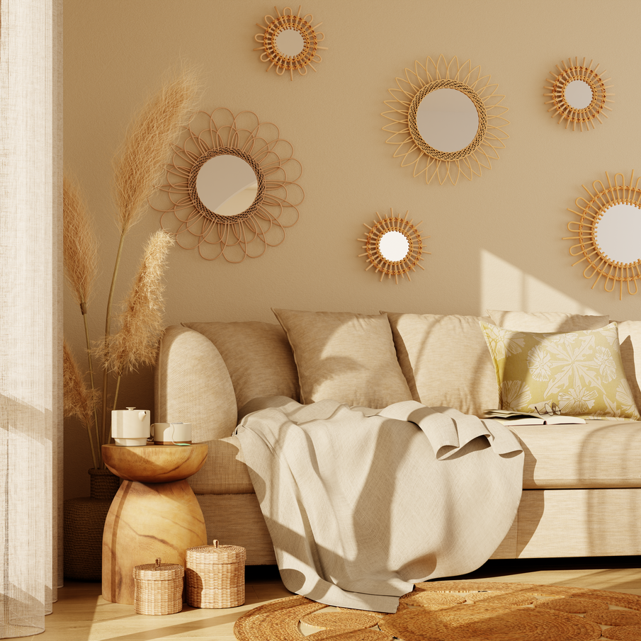 Canapé beige dans un salon beige, mobilier en bois et miroirs en rotin