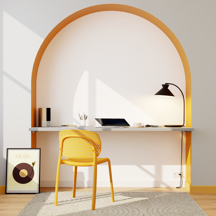 Déco bureau gris clair et jaune moutarde