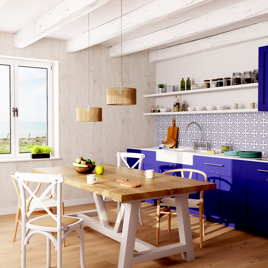 Cuisine en bois clair avec meubles bleus et crédence bleue en carreaux de ciment