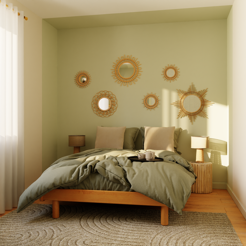 Chambre dans les tons verts clairs et déco en matières naturelles