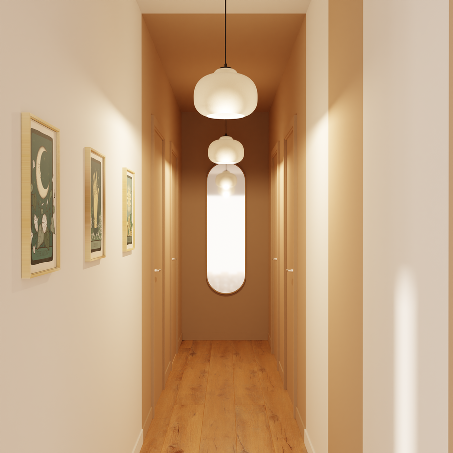 Couloir long et étroit aux couleurs muscade et blanche