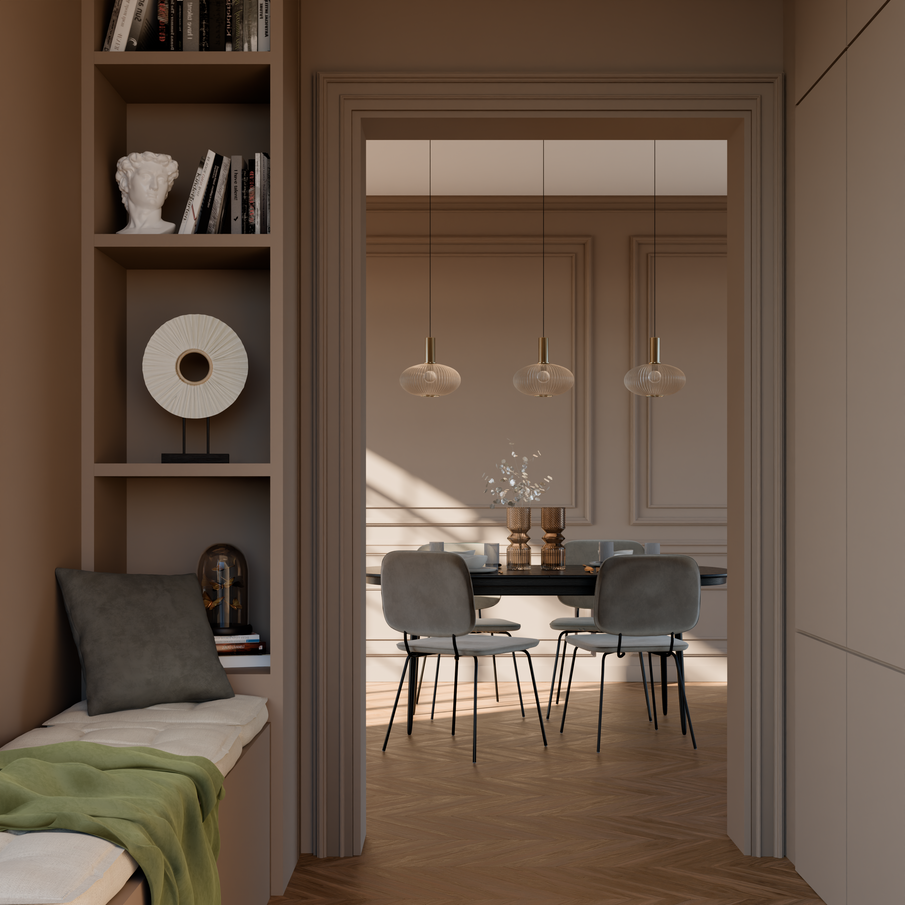 Couloir menant à la salle à manger, moulures aux murs peints entièrement en couleur brun clair