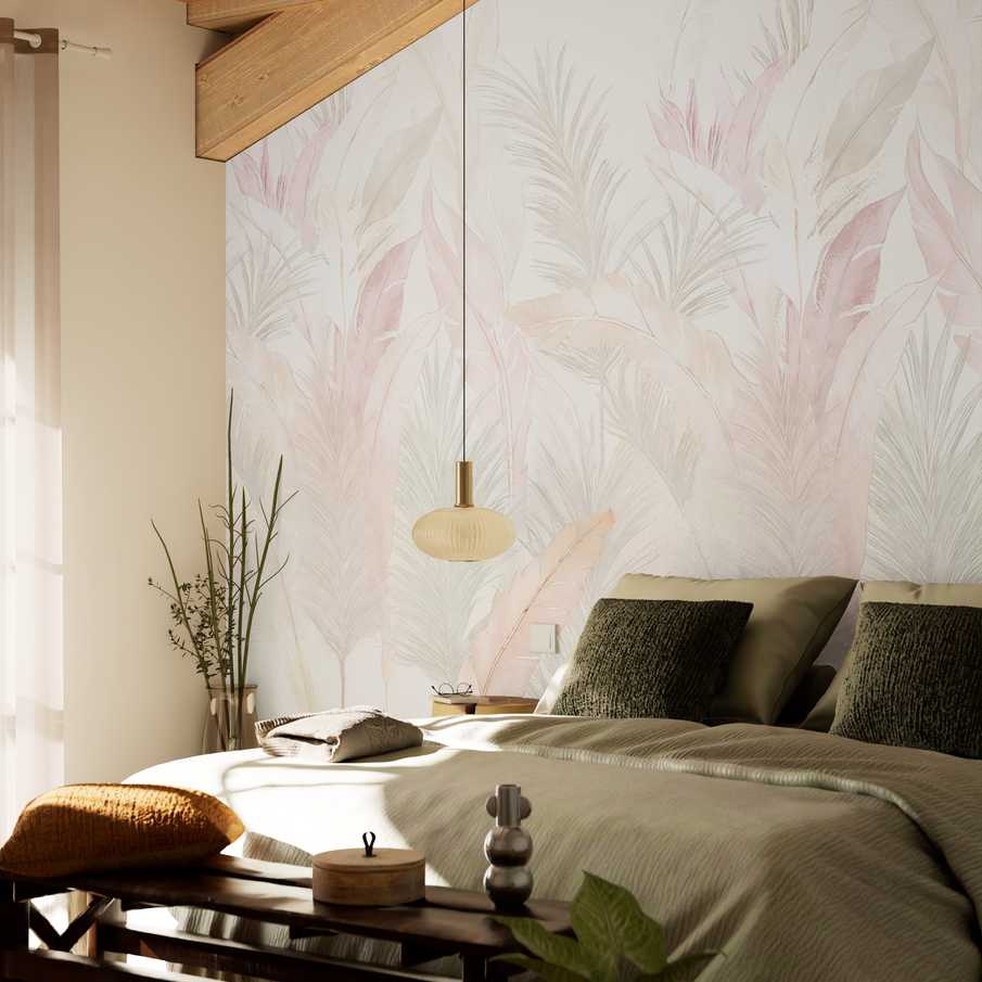 Chambre avec papier peint panoramique motif plume