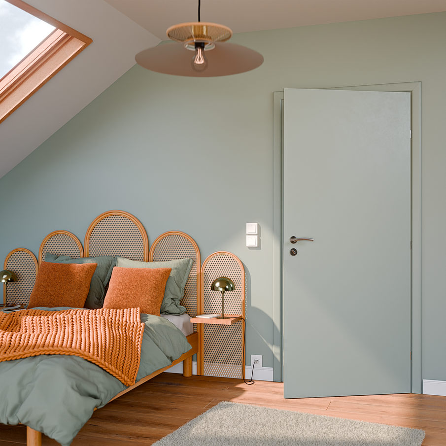 Chambre aux couleurs vert pastel, tête de lit en cannage