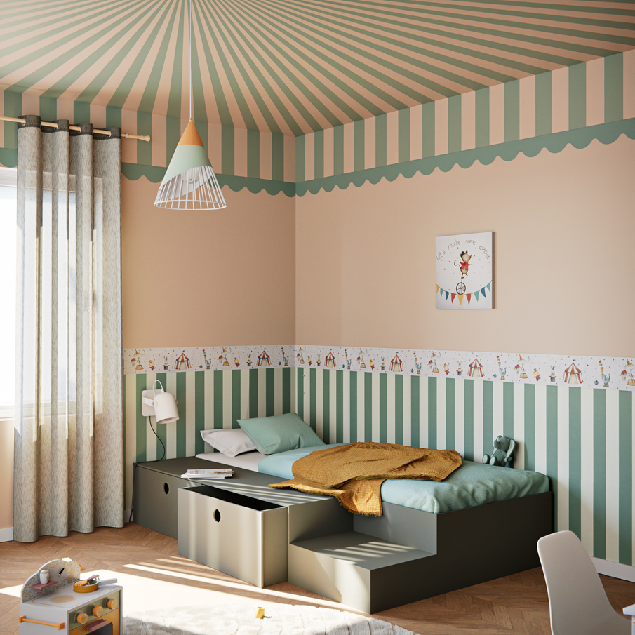 Chambre d'enfant décoration cirque, rayures aux murs et au plafond effet chapiteau