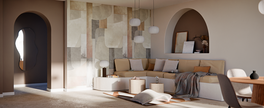 Salon nude et papier peint à motif géométrique