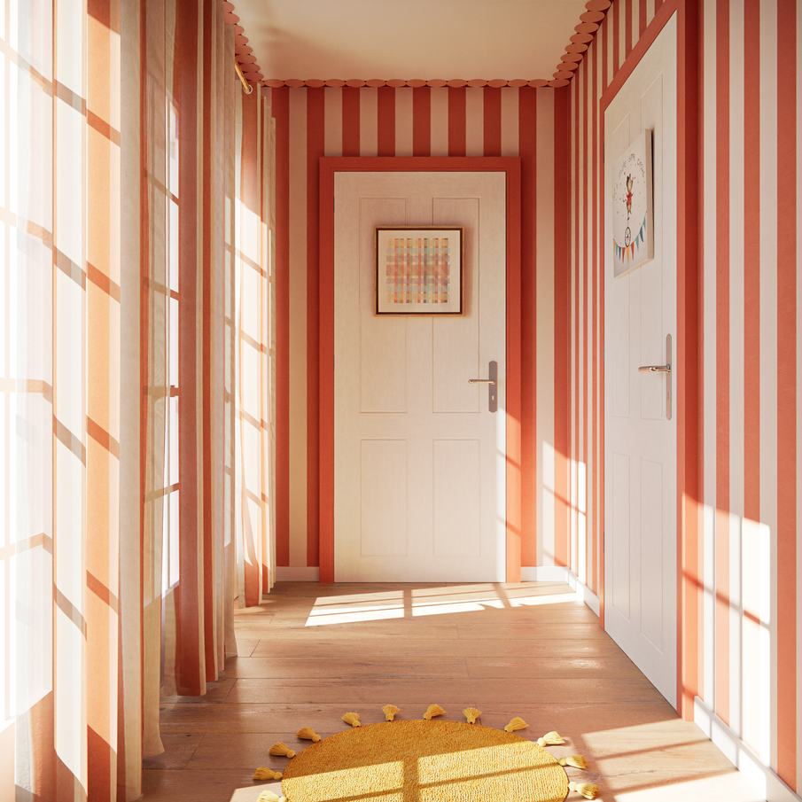 Décor d'un couloir ensoleillé rouge et blanc à rayures verticales