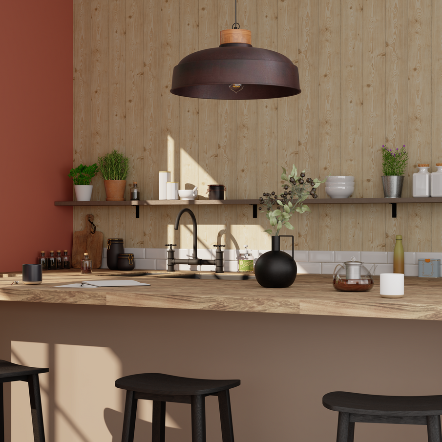 Cuisine style industriel avec îlot central et  papier peint imitation bois
