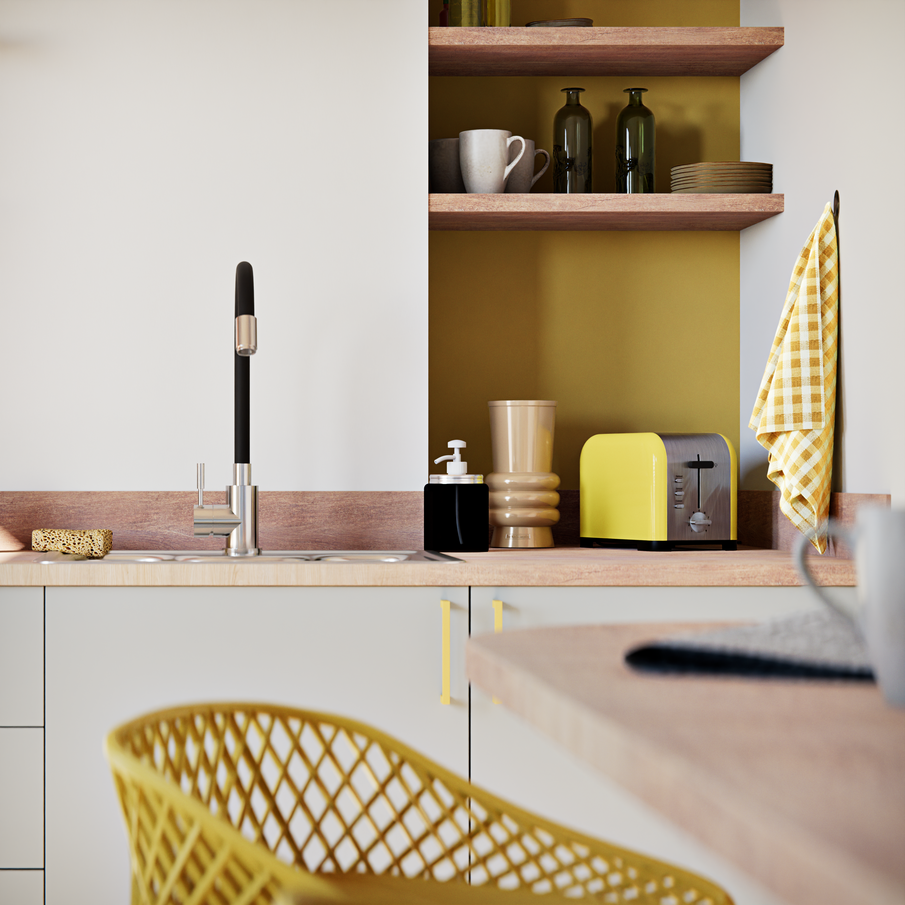 Cuisine couleurs pastel jaune et gris clair