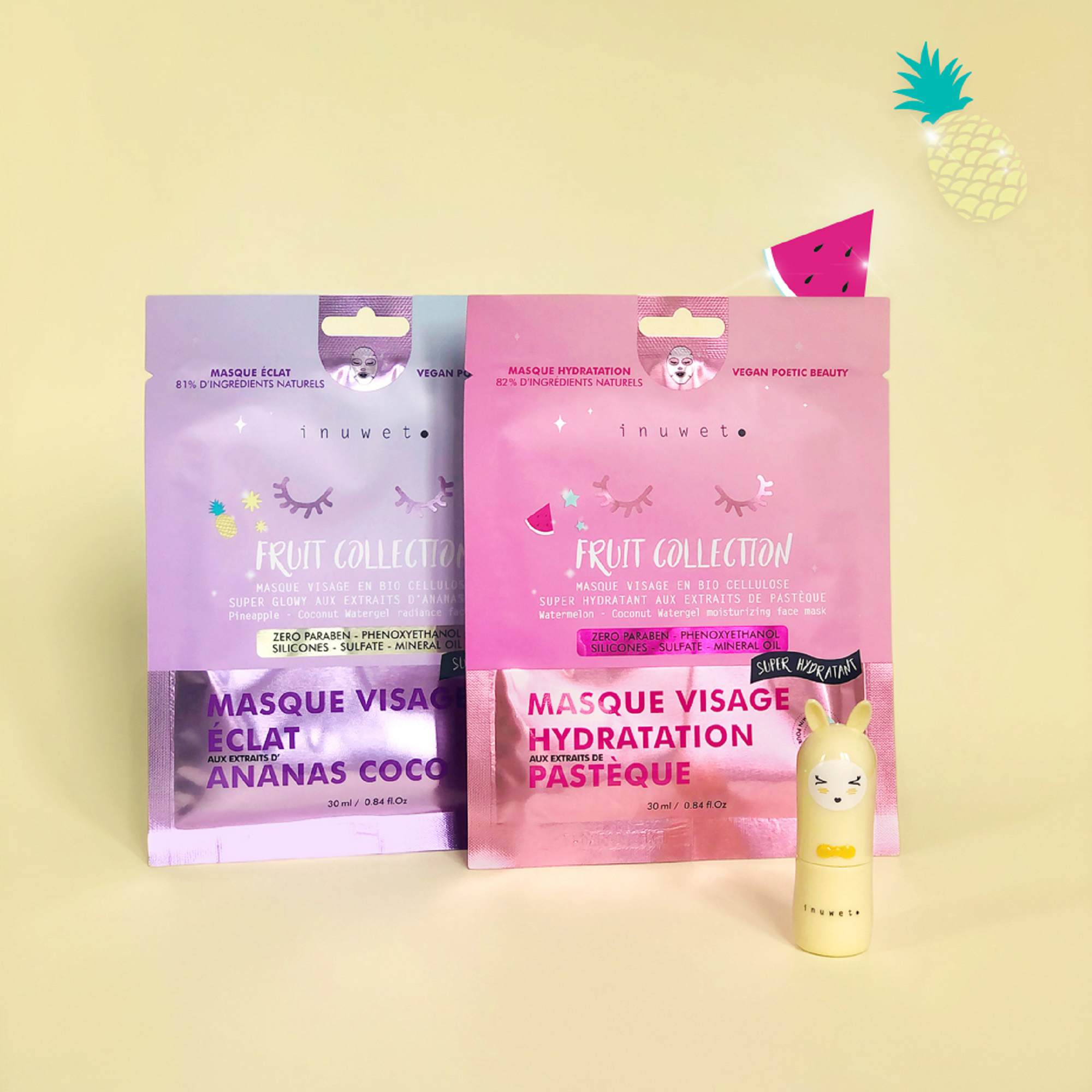 Deux emballages de masques pour le visage rose et violet de la marque Inuwet