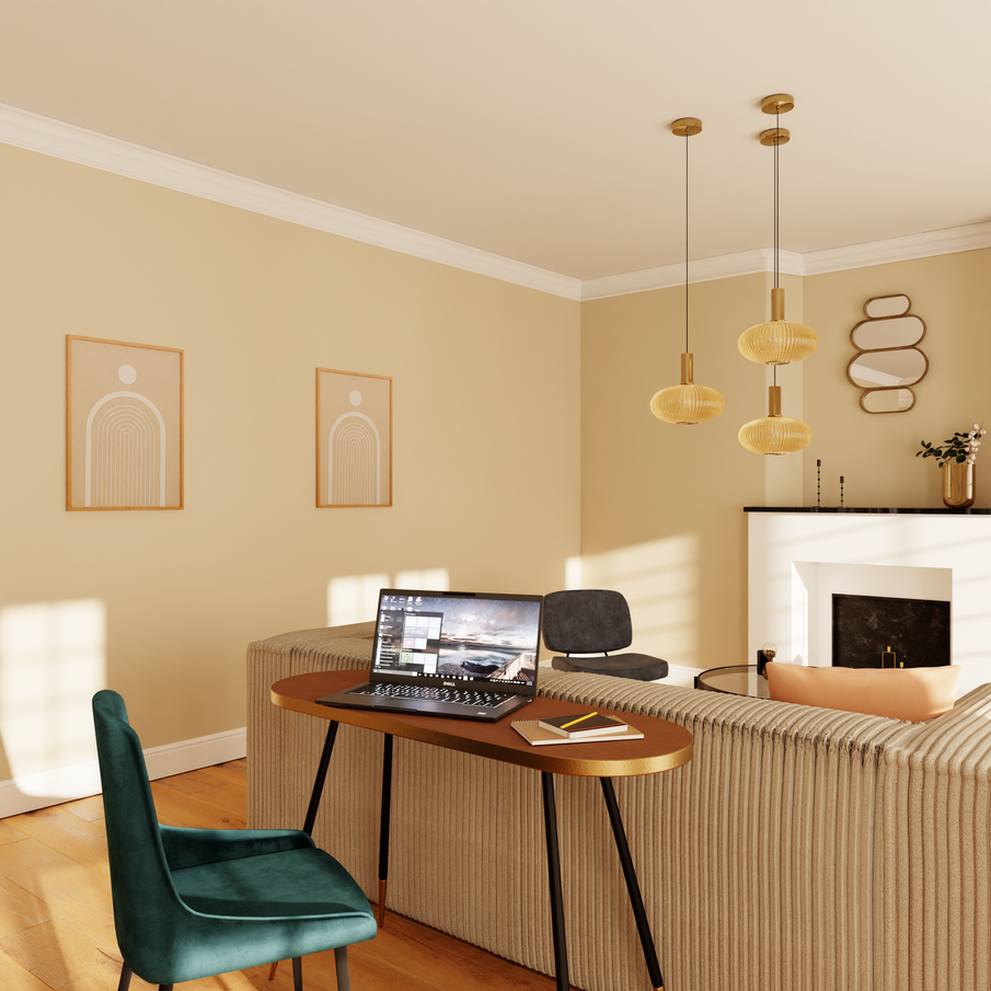 Coin bureau aménagé dans un salon derrière un canapé en velours