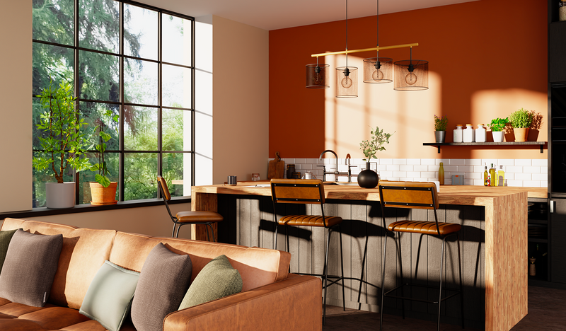 Cuisine ouverte avec tabourets de bar dans un style loft industriel