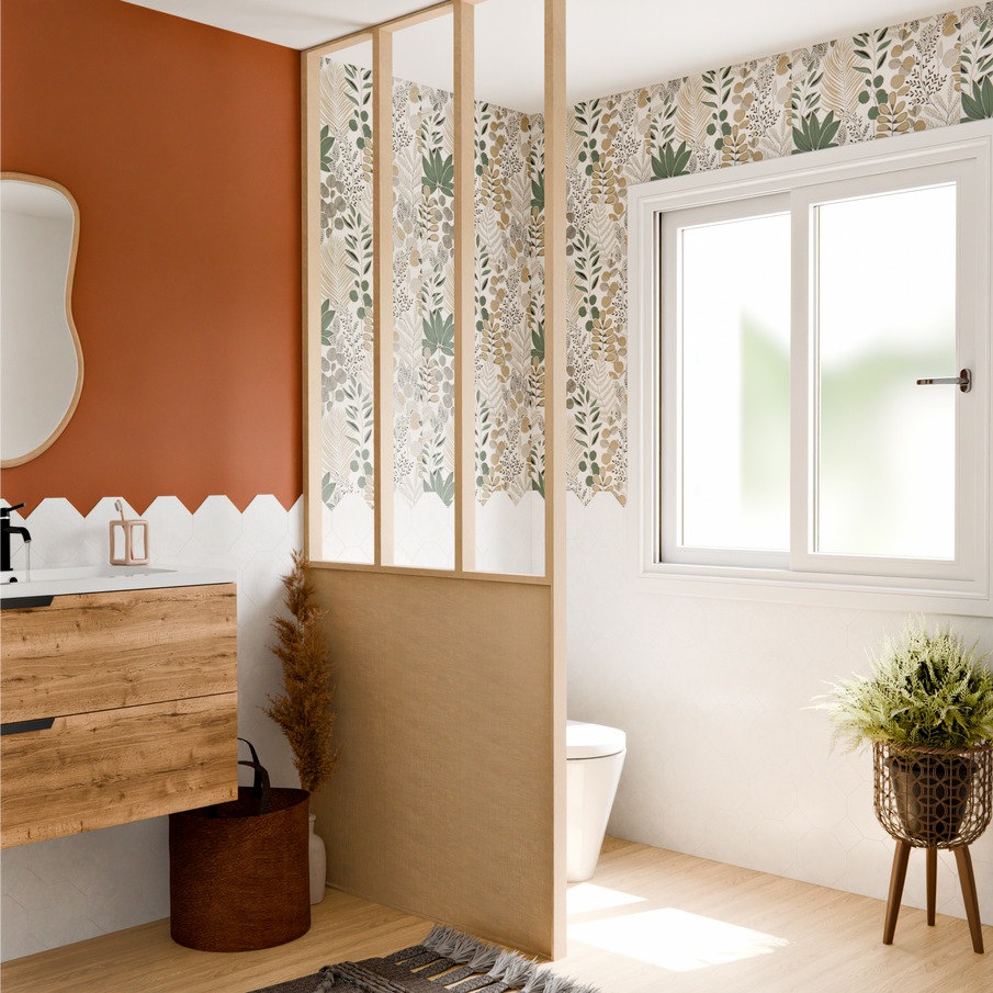 Toilettes papier peint feuillage et touche de bois