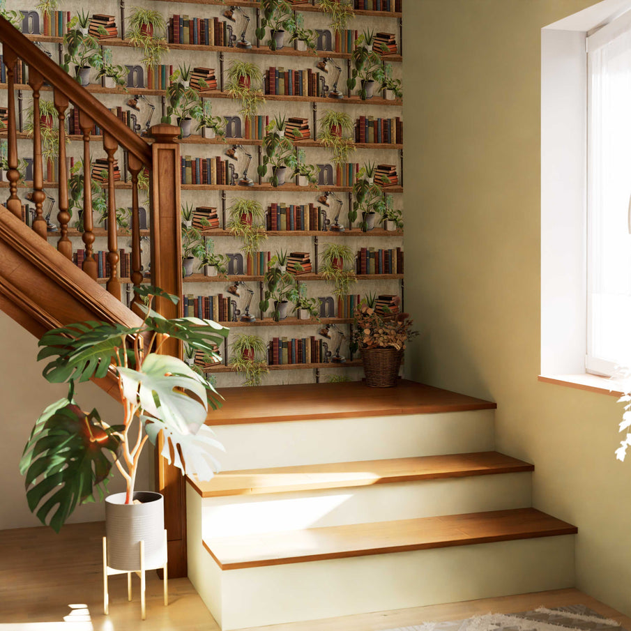 Papier peint trompe-l'oeil étagères de livres dans une montée d'escalier