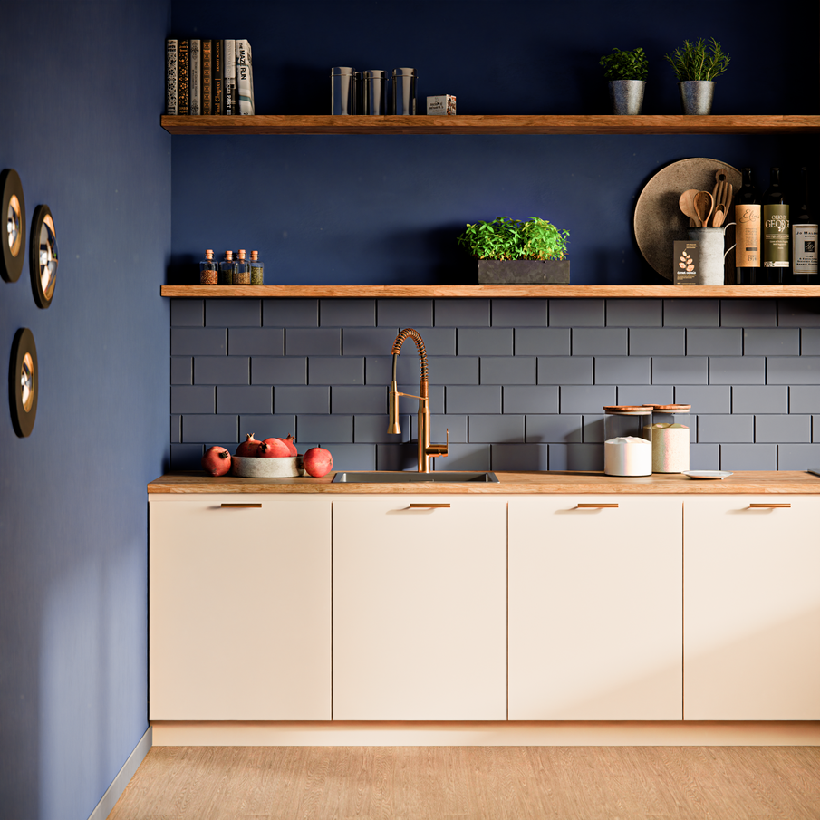 Cuisine couleur bleu foncé et blanc crème chic