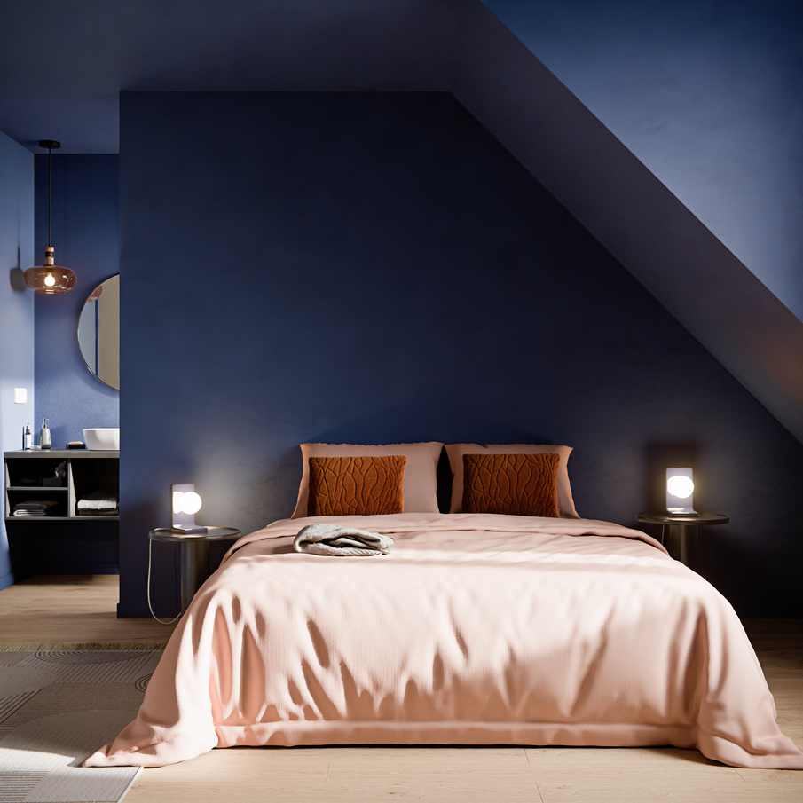 Chambre couleur tendance Future Dusk bleu foncé et rose poudré
