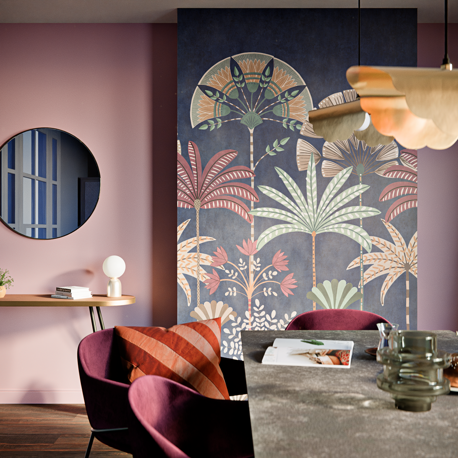 Déco salle à manger couleur bleu foncé Future Dusk et rose poudré, velours et doré