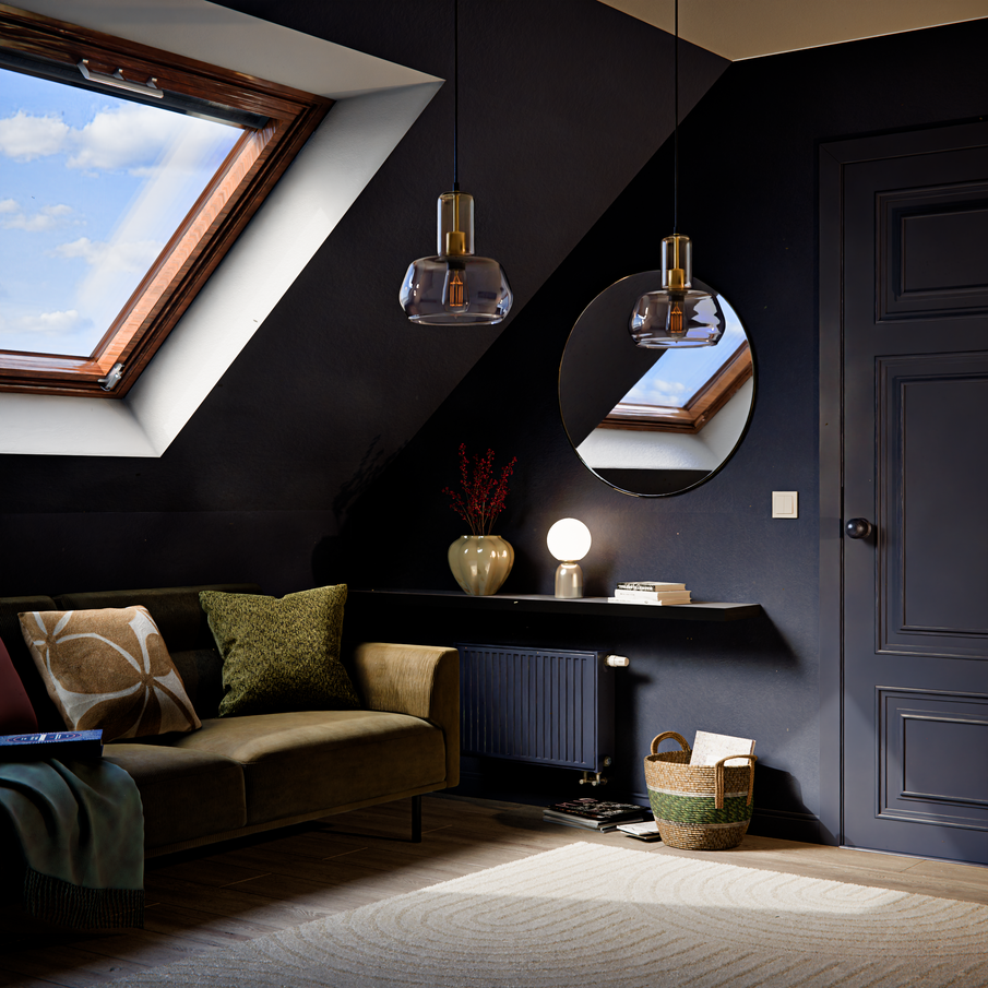 Déco salon chic couleur bleu foncé Future Dusk et vert olive