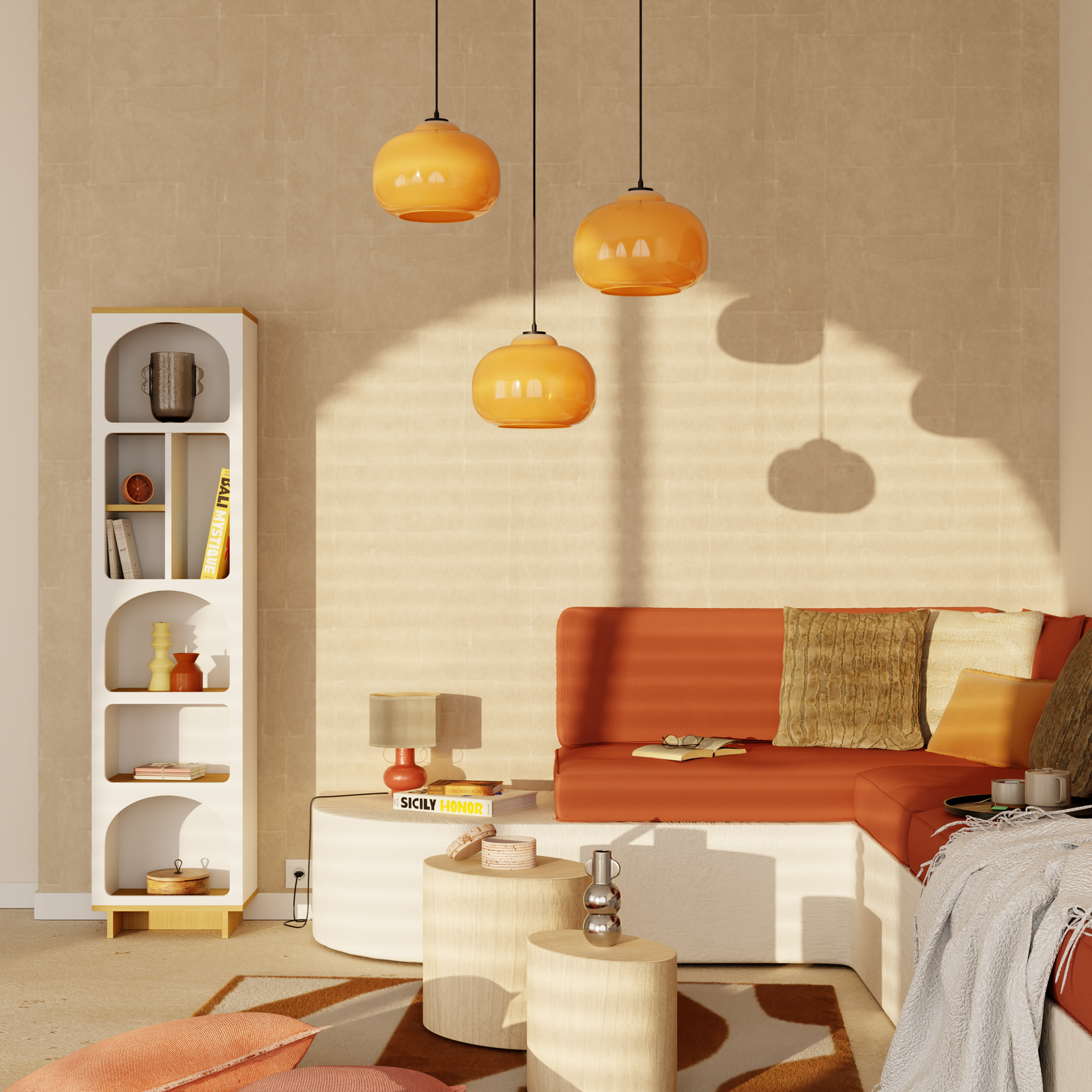 Salon aux couleurs chaudes avec banquette terracotta