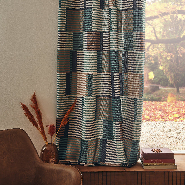 Rideau bleu et brun, motif rayures, style années 1960