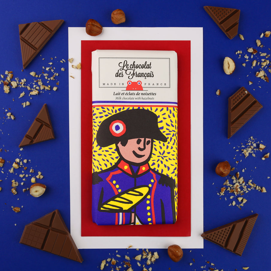 Illustration de Napoléon tenant une baguette de pain sur une tablette de chocolat de la marque Chocolat des Français