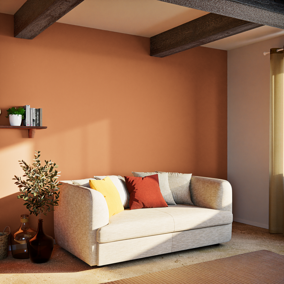 Salon avec mur d'accent orange cuivré