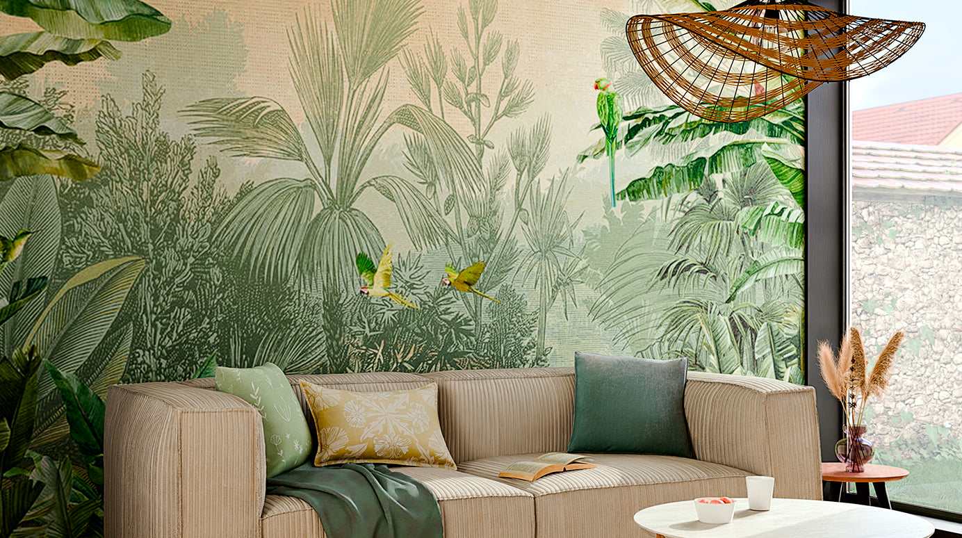 Papier peint panoramique motif jungle tropicale pour décorer un salon