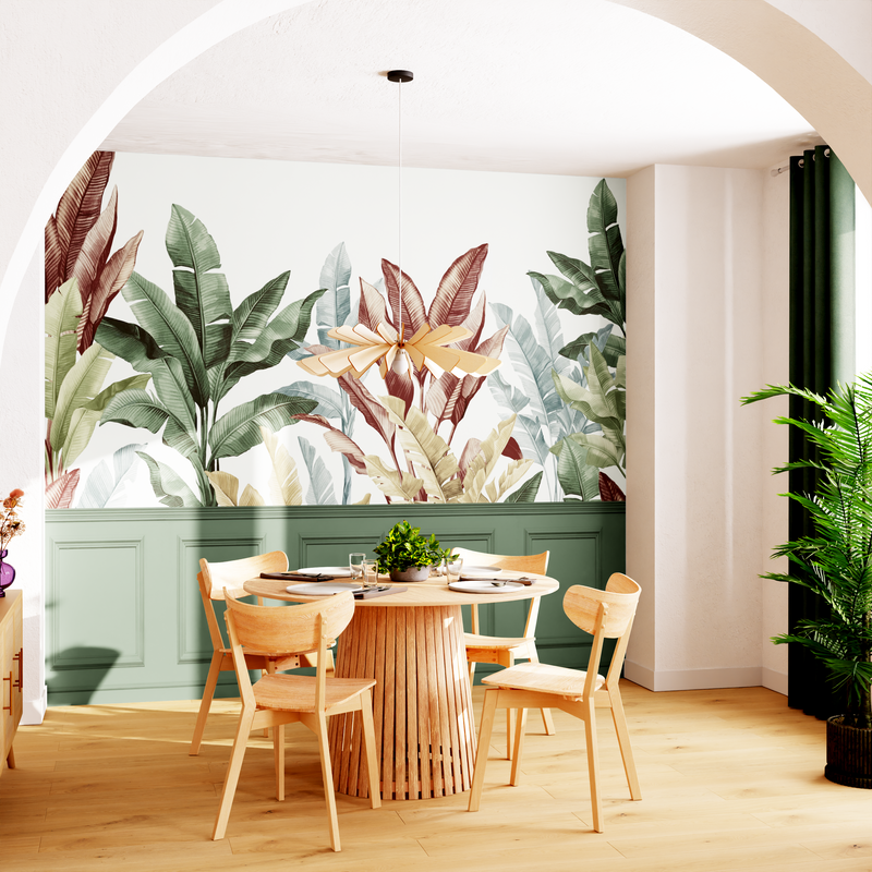 Papier peint panoramique jungle avec soubassement imitation moulures dans la salle à manger