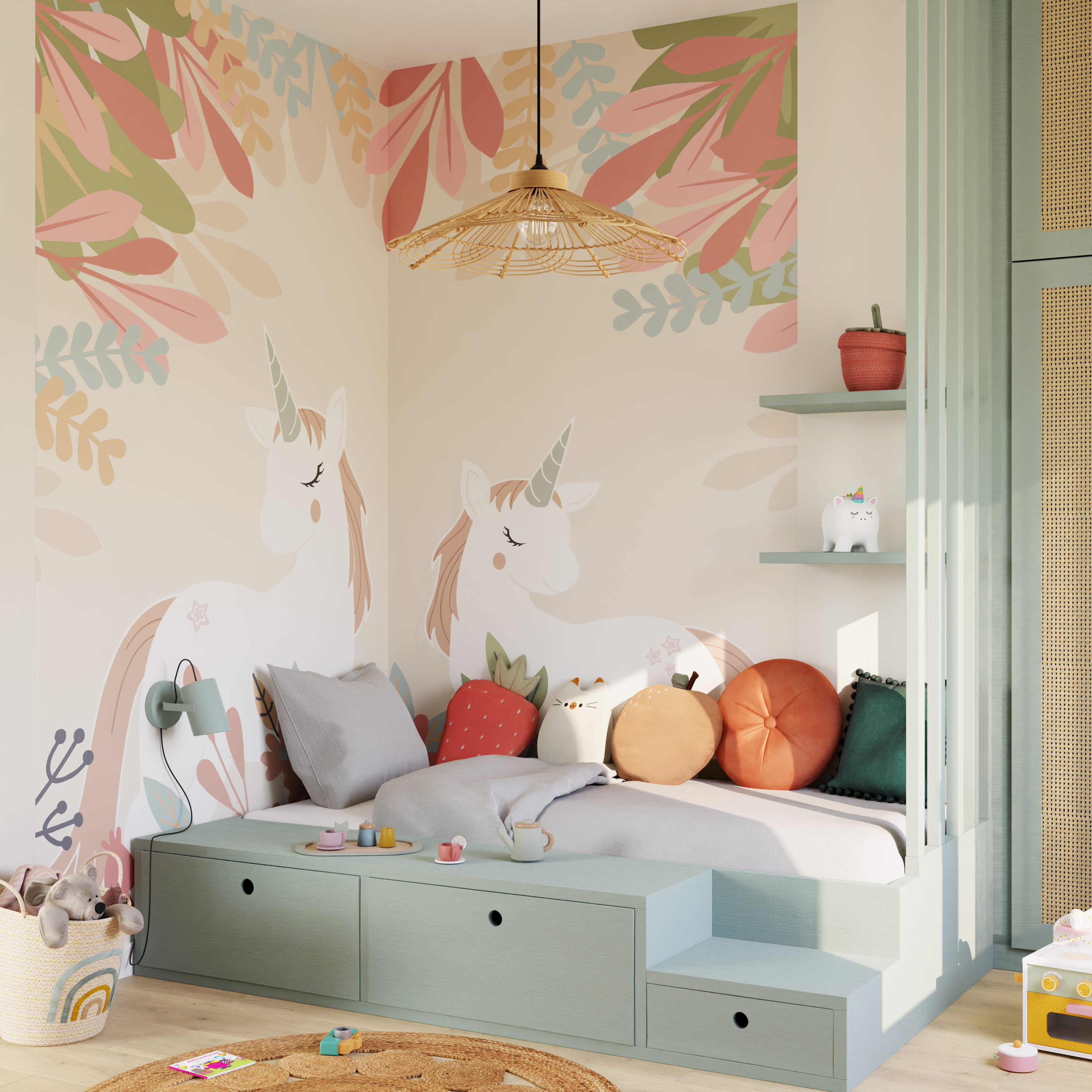 Papier peint panoramique dessin licornes au-dessus du lit dans une chambre d'enfant