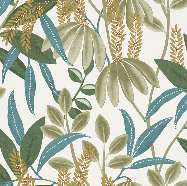 Motif papier peint feuillages vert et bleu