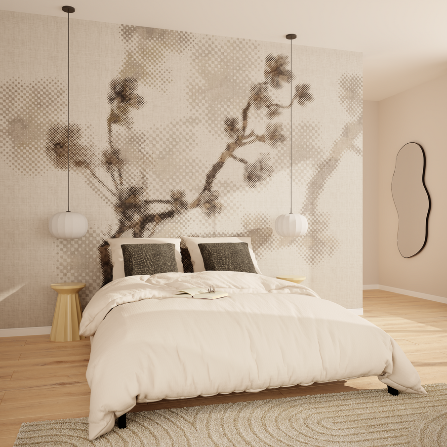 Décor panoramique inspiration fleur de cerisier japonais en tête de lit dans une chambre aux couleurs neutres gris et blanc