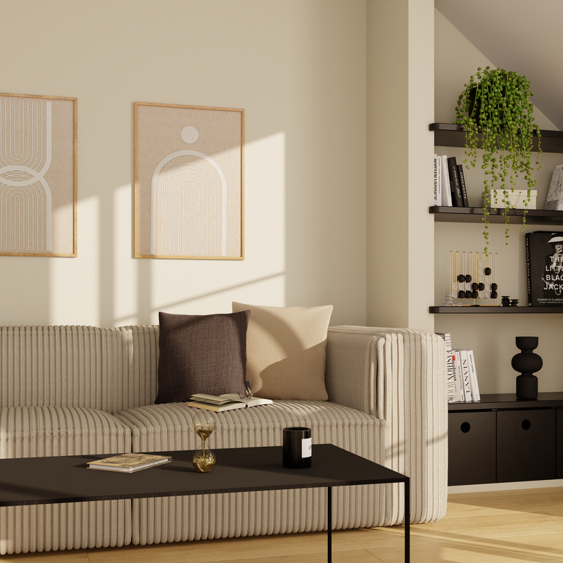 Salon contemporain couleur beige clair et mobilier noir