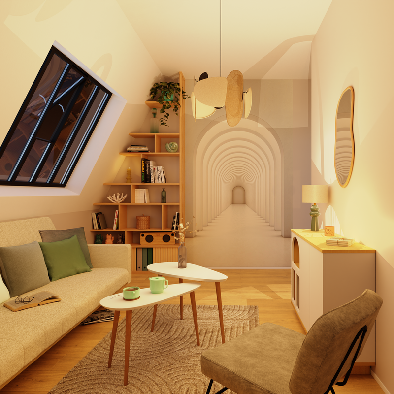 Salon éclairé avec papier peint en trompe-l'œil allée d'arches blanches sur mur du fond