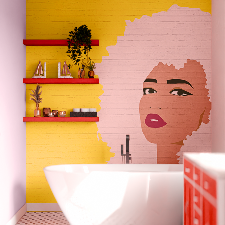 Papier peint avec un visage de femme aux cheveux roses sur fond jaune dans une salle de bain