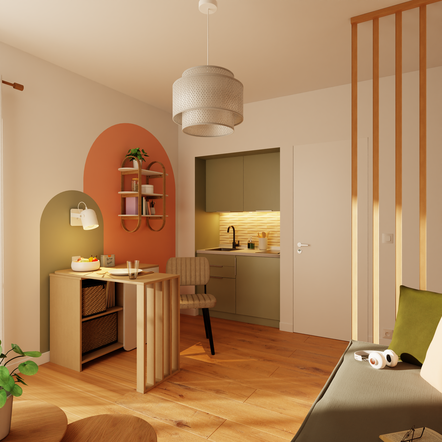 Coin repas et kitchenette dans les tons neutres avec des touches de vert et rose