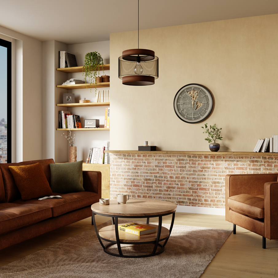 Soubassement en papier peint imitation vieilles pierres dans le salon, fauteuil et canapé en cuir