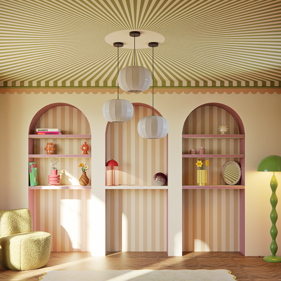 décor de salon avec rayures au mur et au plafond