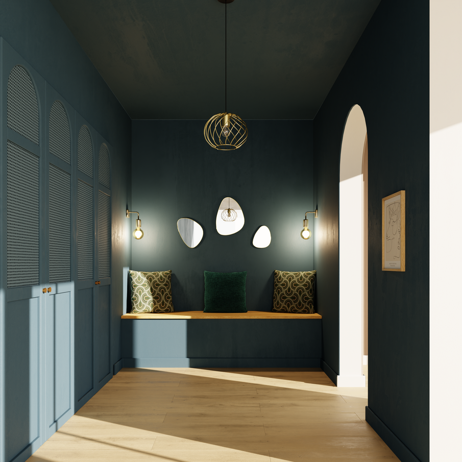 Couloir en total look bleu gazoline