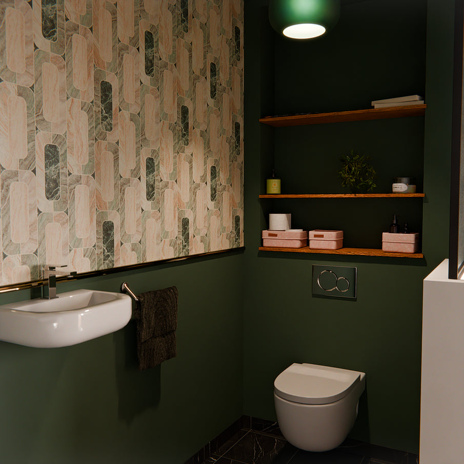 Toilettes aux murs verts et papier peint graphique