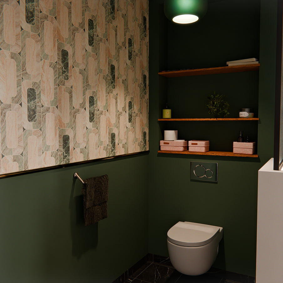 Toilettes aux murs verts et papier peint graphique