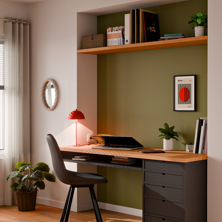 Déco bureau peinture vert olive, touches de rouge