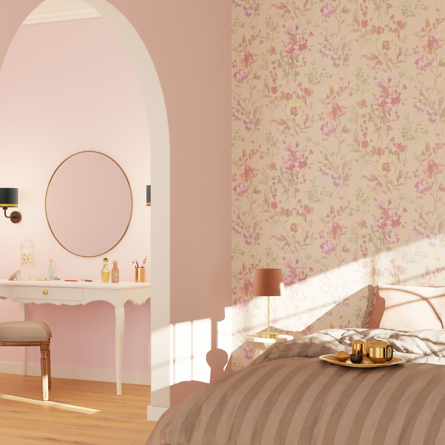 Déco chambre tendance Regencycore couleur rose et beige, papier peint motif fleuri