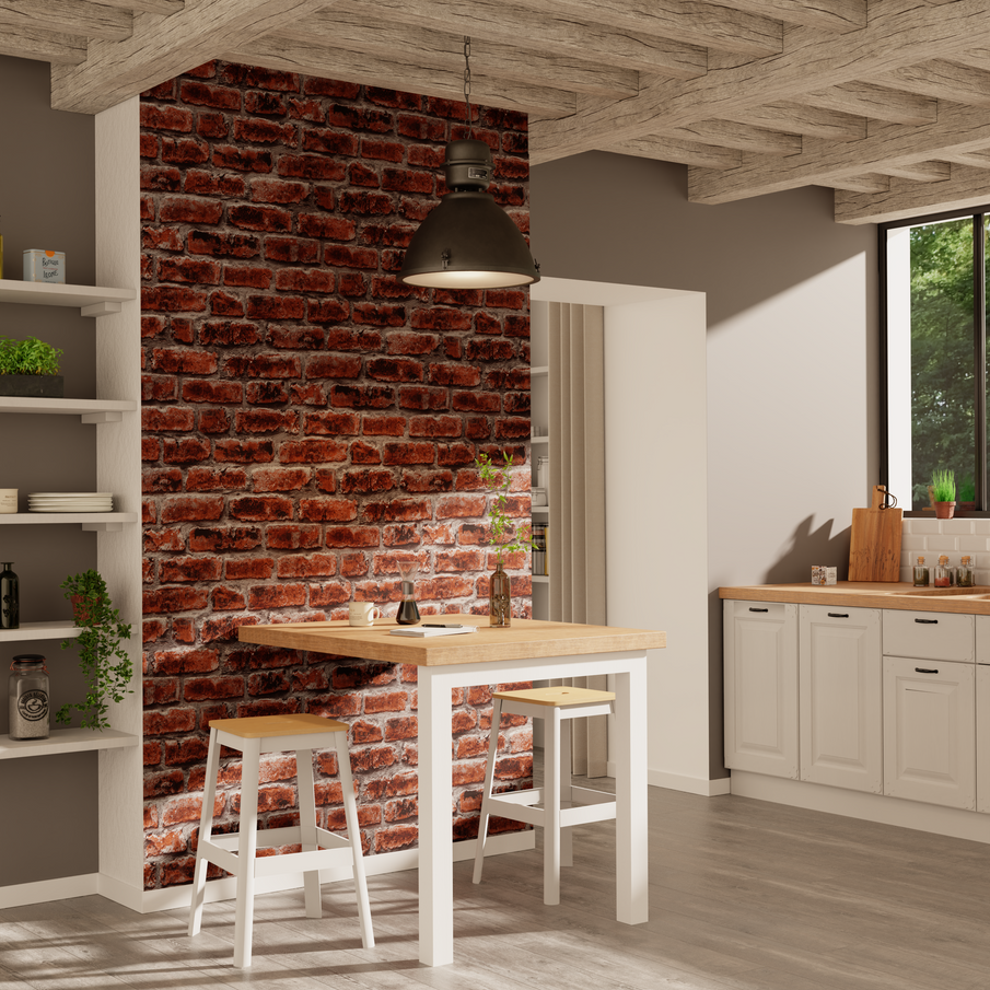 Papier peint effet brique rouge dans une cuisine ouverte style industriel clair