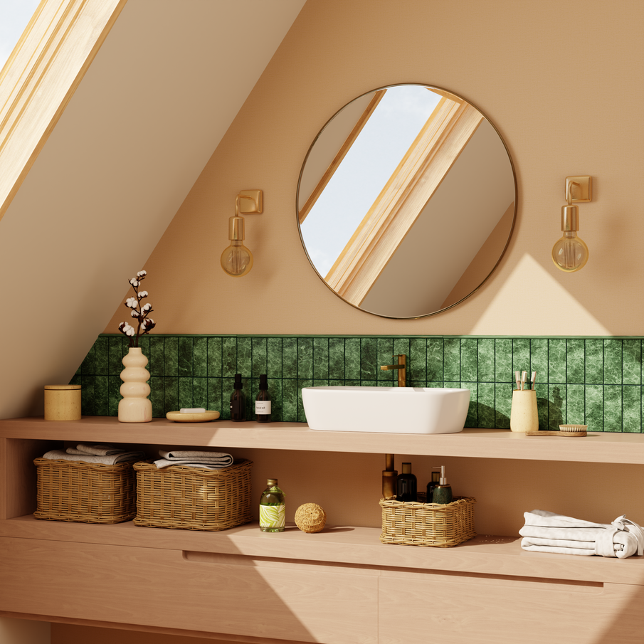 Salle de bain nude et crédence verte