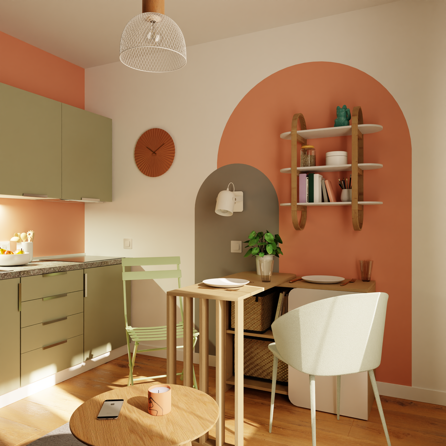 Coin cuisine avec peintures arches en rose et vert et bureau modulable